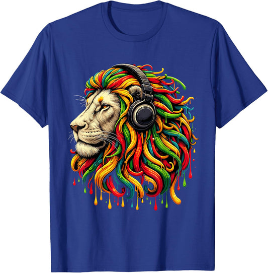 Rasta Reggae Headphones Jamaican Lion Music Judah T-Shirt - T-Shirt | Royal