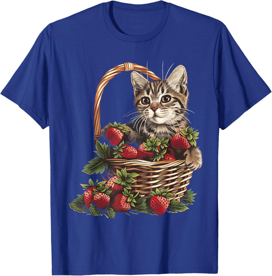 Strawberry Cat Animal Art Strawberry Fruit Cat Motif Drawing Women Kids T-Shirt - T-Shirt | Royal