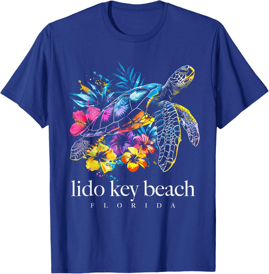 Lido Key Beach Florida Turtle Flowers Surfer Souvenir T-Shirt - T-Shirt | Royal