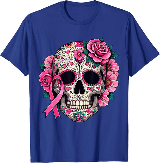 Sugar Skull Pink Ribbon Calavera Breast Cancer Awareness T-Shirt - T-Shirt | Royal