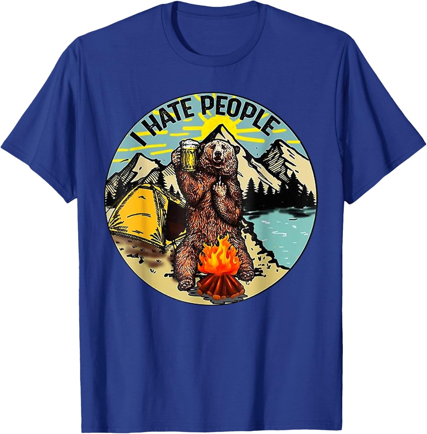 I Hate People Camping Bear Drinking Beer Vintage Funny T-Shirt - T-Shirt | Royal