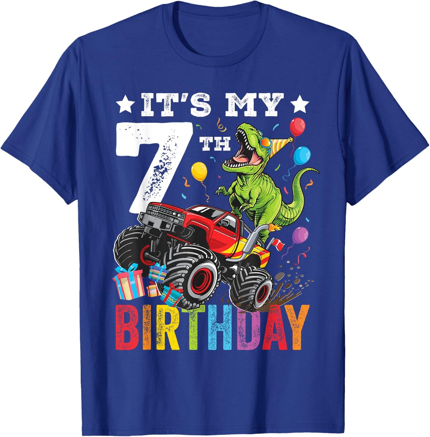 Seven 7th Birthday Dinosaur Monster Truck T-Shirt - T-Shirt | Royal