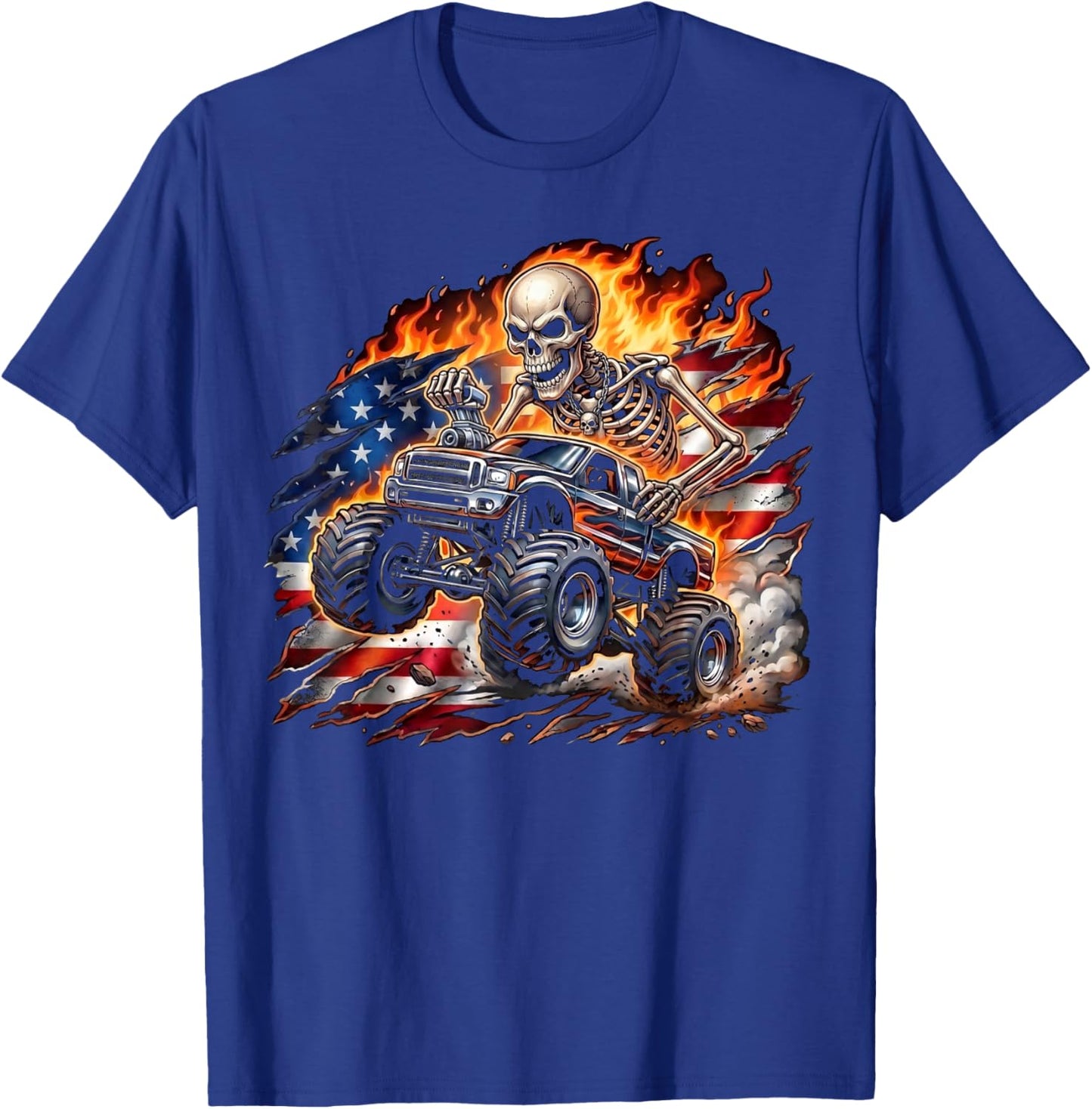 Patriotic Monster Truck Skeleton American Flag 4th of July T-Shirt - T-Shirt | Royal