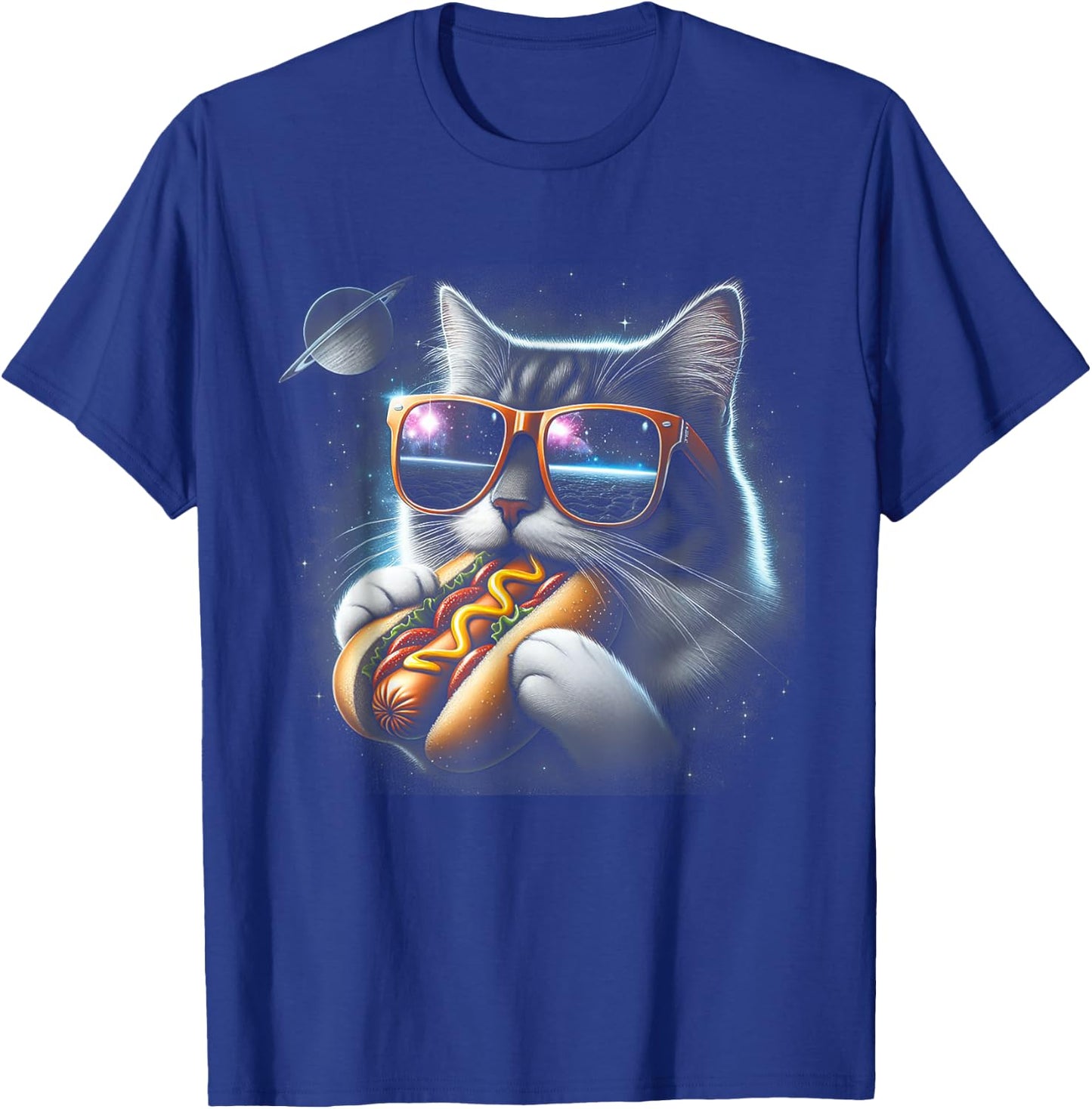Cat Eating Funny Hot-Dog in Space Kit-Ty Gal-Axy T-Shirt - T-Shirt | Royal