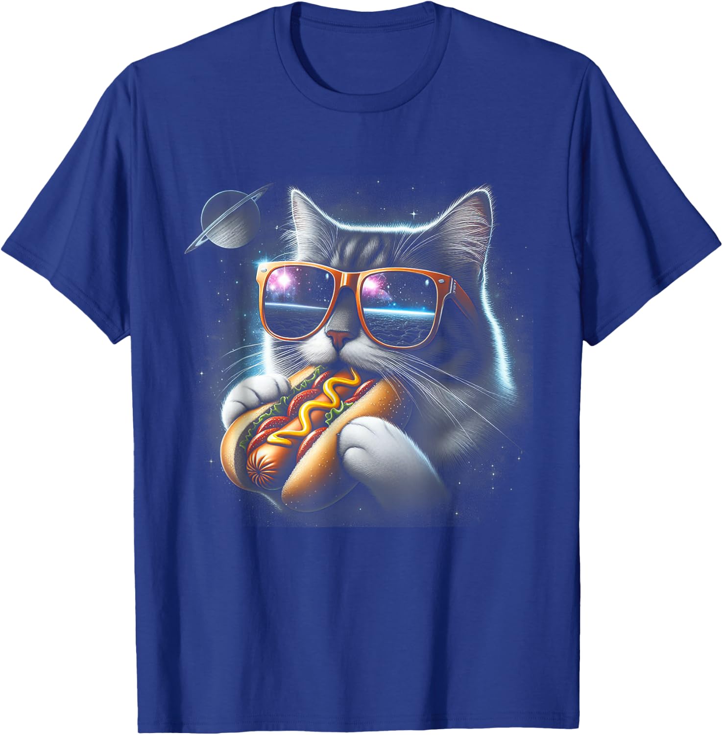 Cat Eating Funny Hot-Dog in Space Kit-Ty Gal-Axy T-Shirt - T-Shirt | Royal