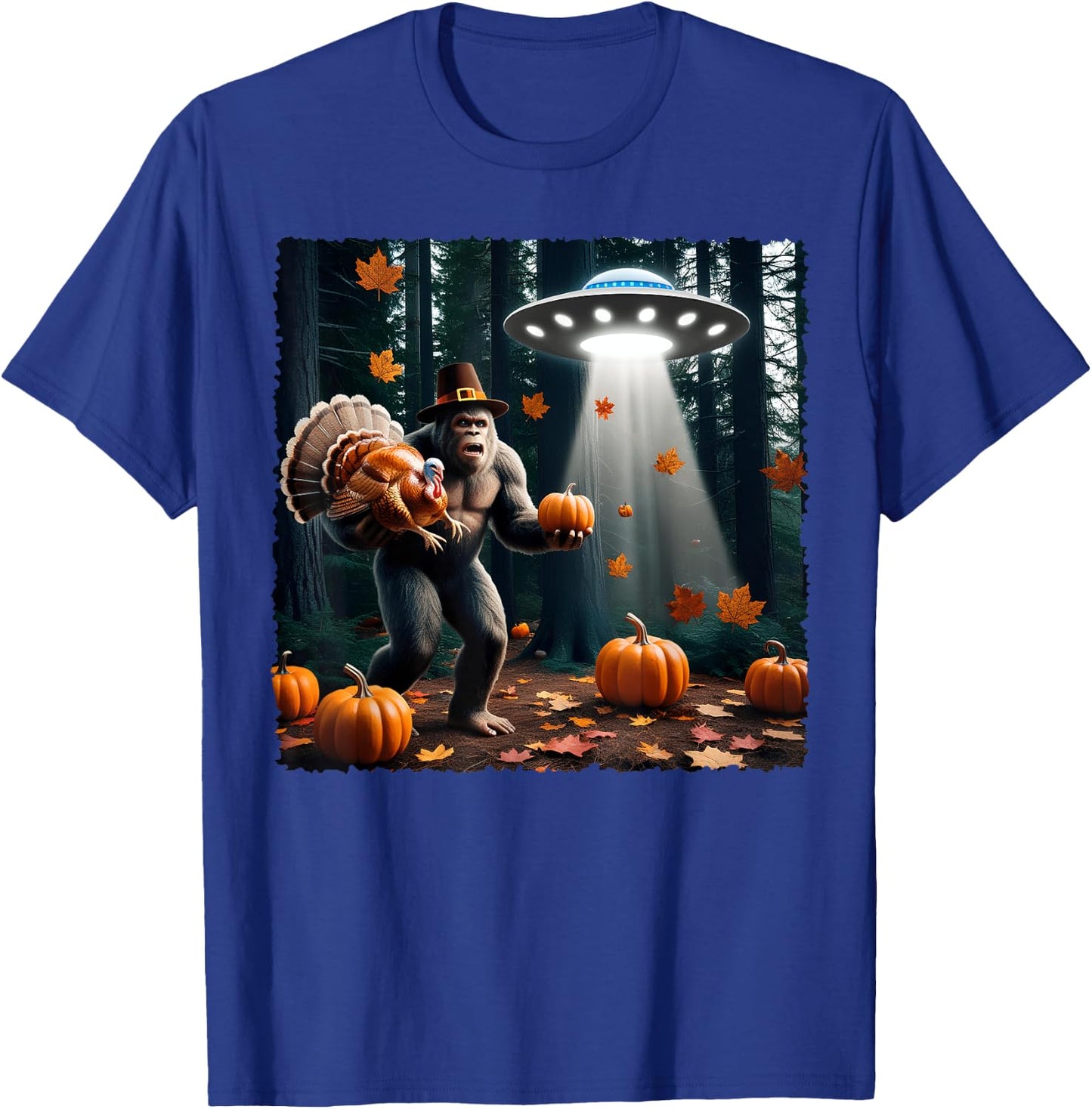 Bigfoot Sasquatch Turkey UFOs Funny Thanksgiving Day Pumpkin T-Shirt - T-Shirt | Royal