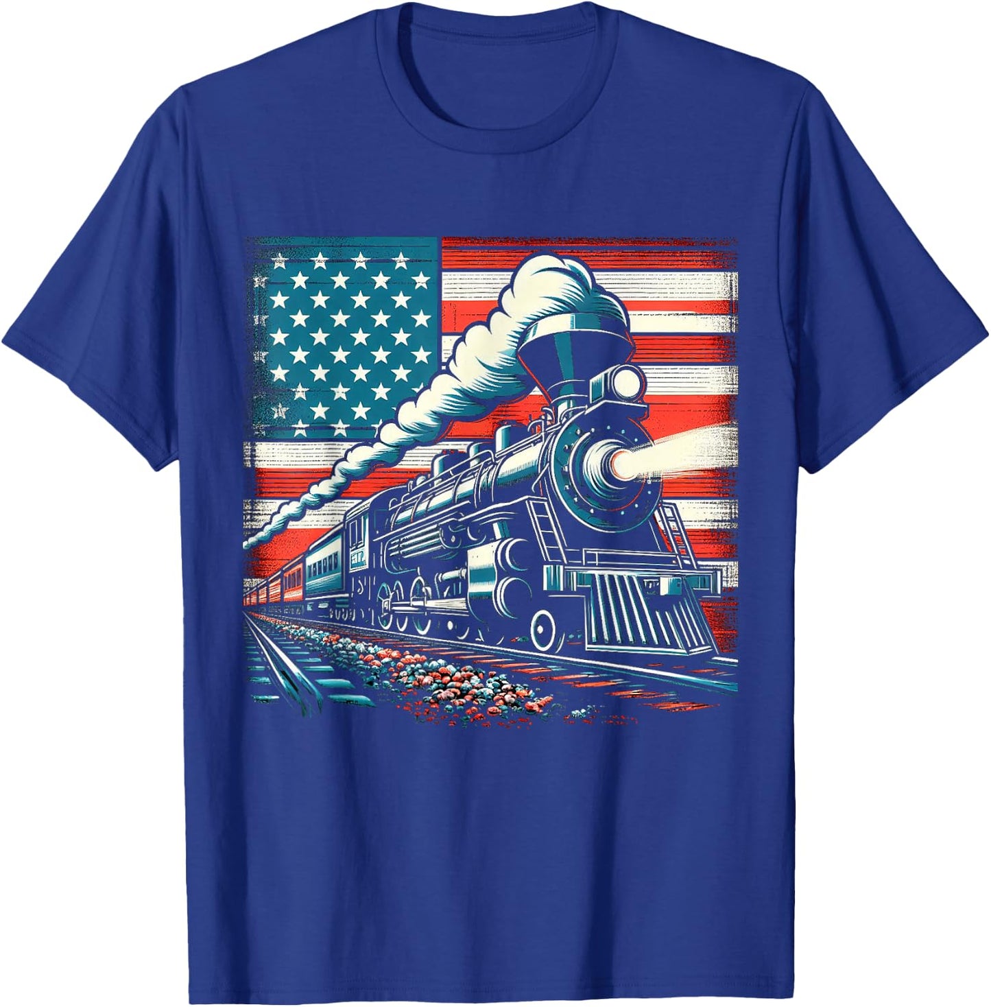 Train With The American Flag 4th of July Women Kids Men T-Shirt - T-Shirt | Royal