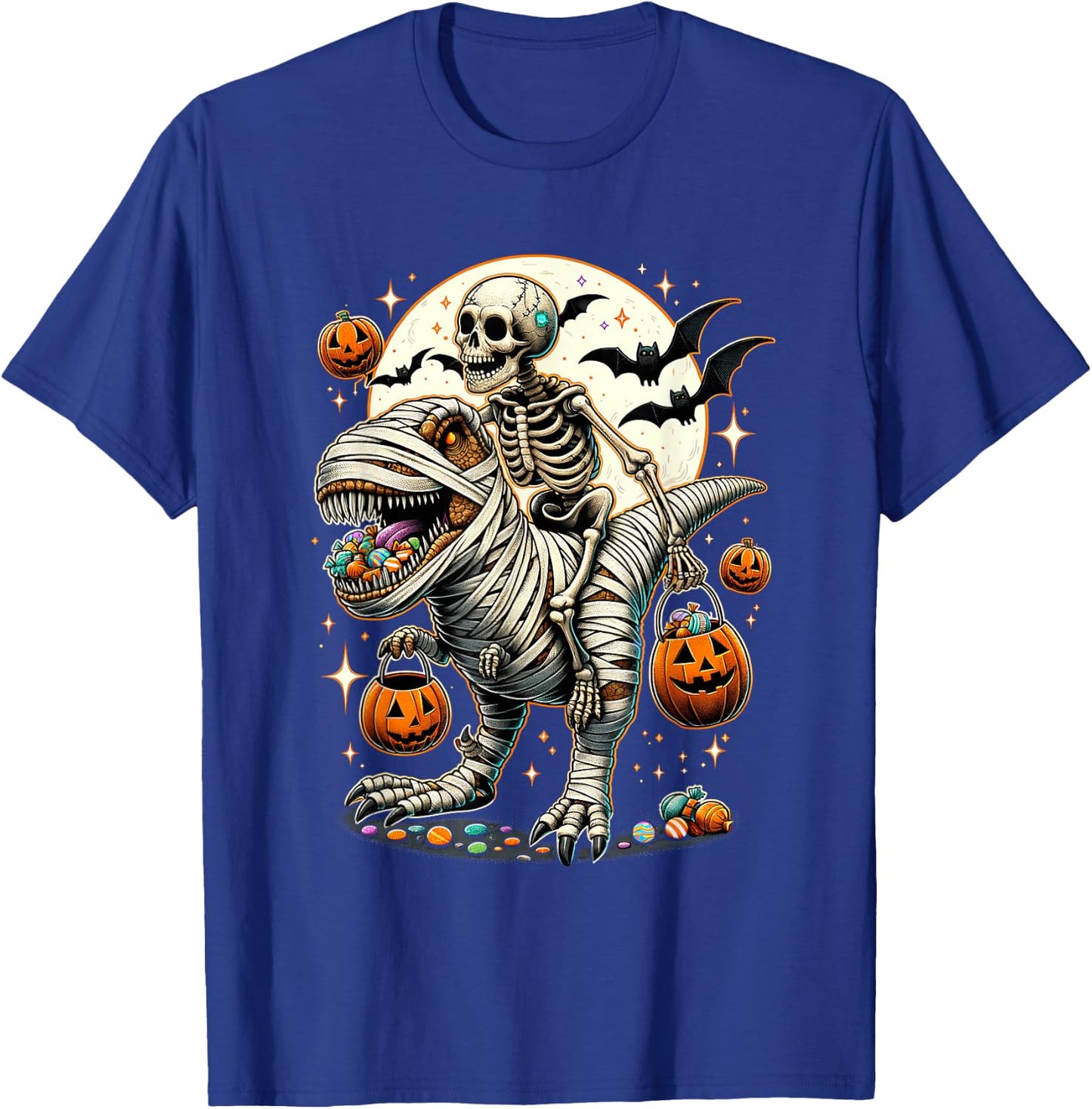 Skeleton Riding Mummy Dinosaur T Rex Kids Boys Men Halloween T-Shirt - T-Shirt | Royal