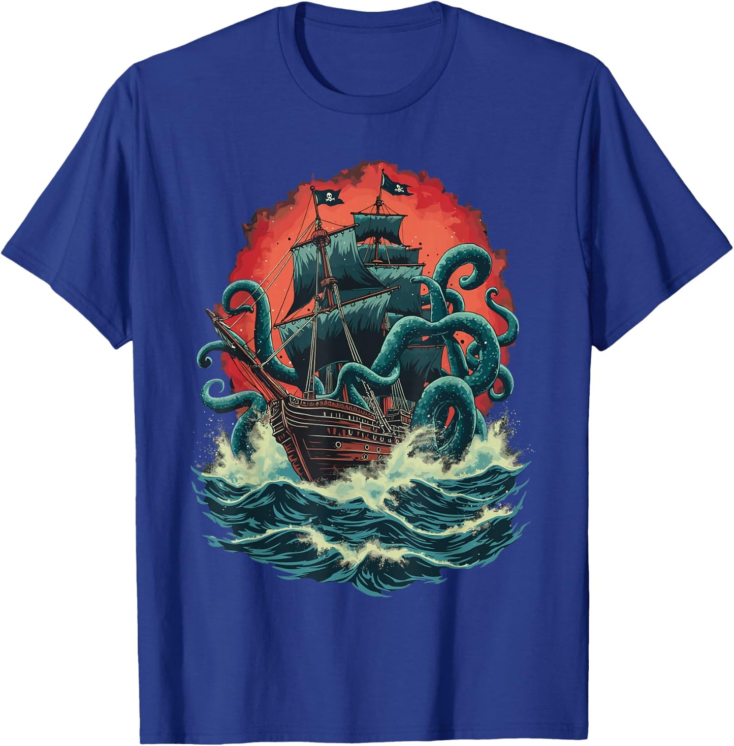 Pirate Ship Kraken Ocean Battle Giant Octopus Sea Monster T-Shirt - T-Shirt | Royal