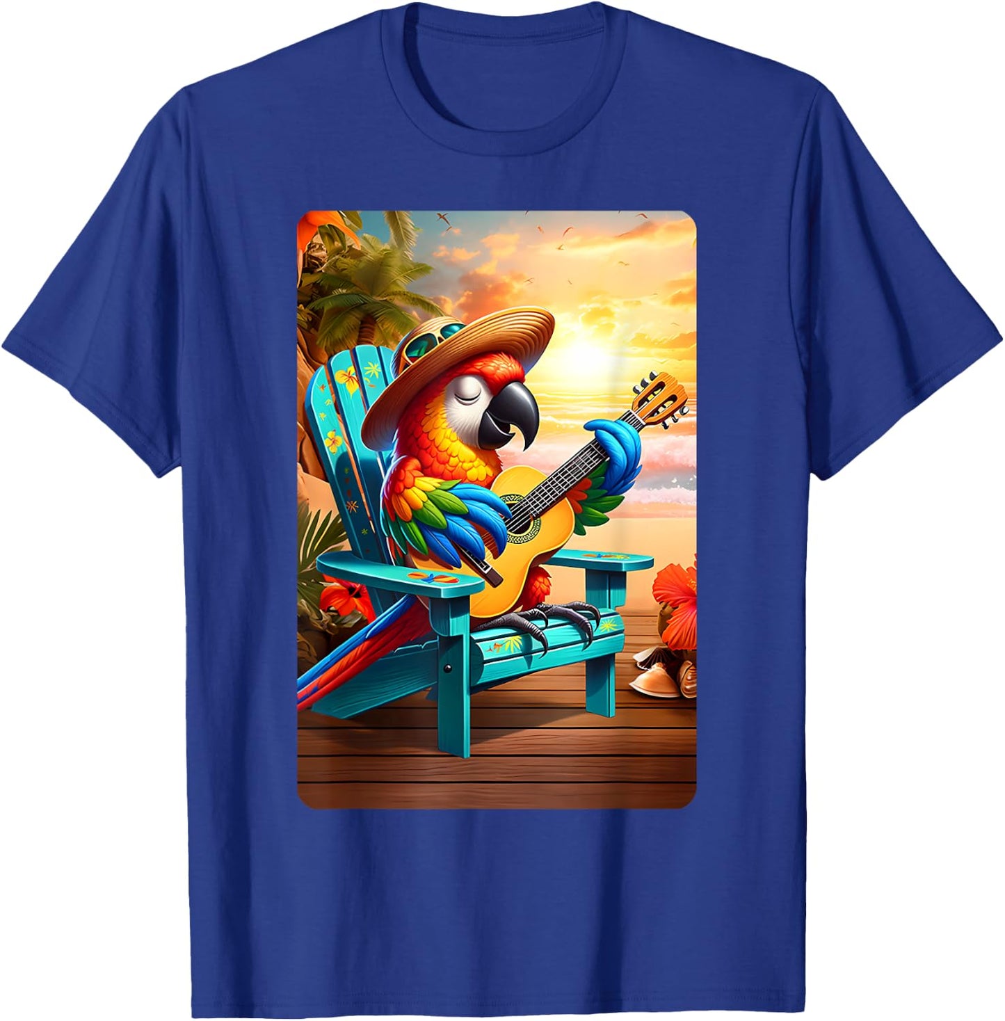 Cool Parrot Playing Guitar On Beach Guitar Parrot Sunset Women Kids T-Shirt - T-Shirt | Royal