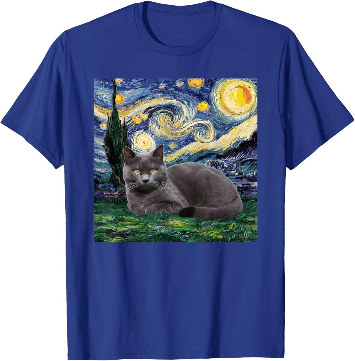 Gray Cat Van Gogh Starry Night Women Kids T-Shirt - T-Shirt | Royal