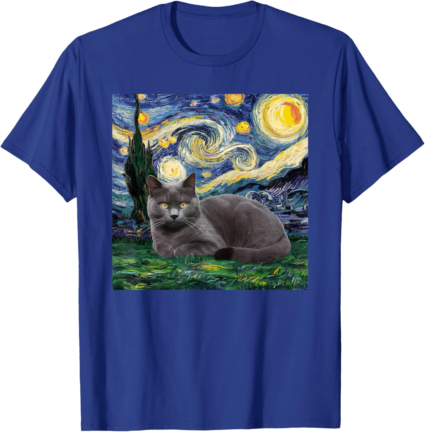 Gray Cat Van Gogh Starry Night Women Kids T-Shirt - T-Shirt | Royal