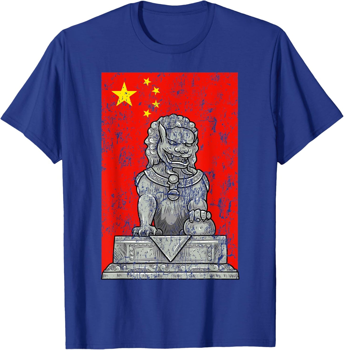 Chinese Flag China Lion Guard Beijing Distressed T-Shirt - T-Shirt | Royal