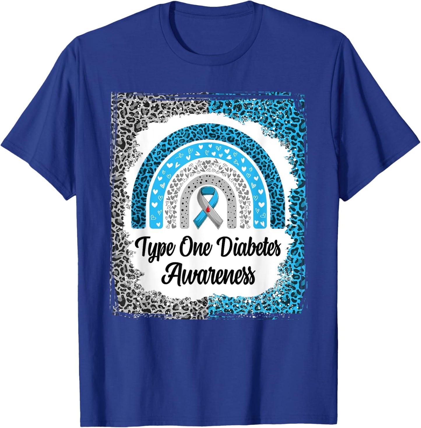 Type 1 Diabetes Awareness Bleached Rainbow leopard Ribbon T-Shirt - T-Shirt | Royal
