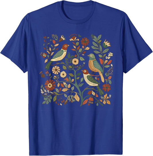 Cottagecore Birds and Flowers Folk Art Scandi Art Women T-Shirt - T-Shirt | Royal