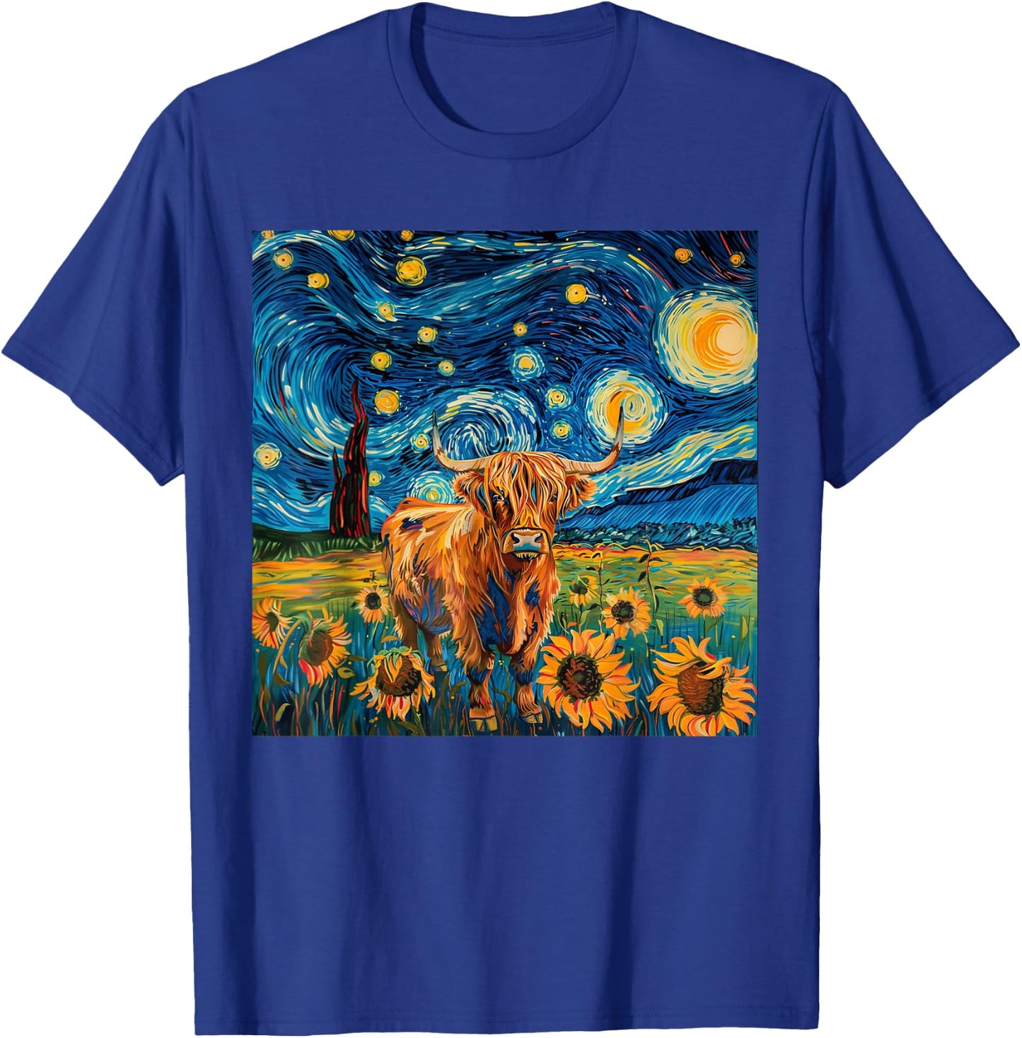 Aesthetic Scottish Highland Cow With Sunflowers Starry Night T-Shirt - T-Shirt | Royal