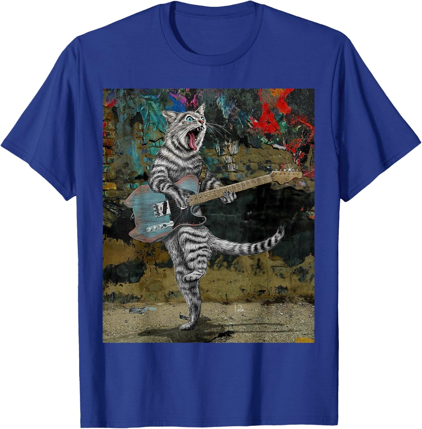 Cat Guitar Buskers Electric Guitar Player Funny Cute Kitty T-Shirt - T-Shirt | Royal