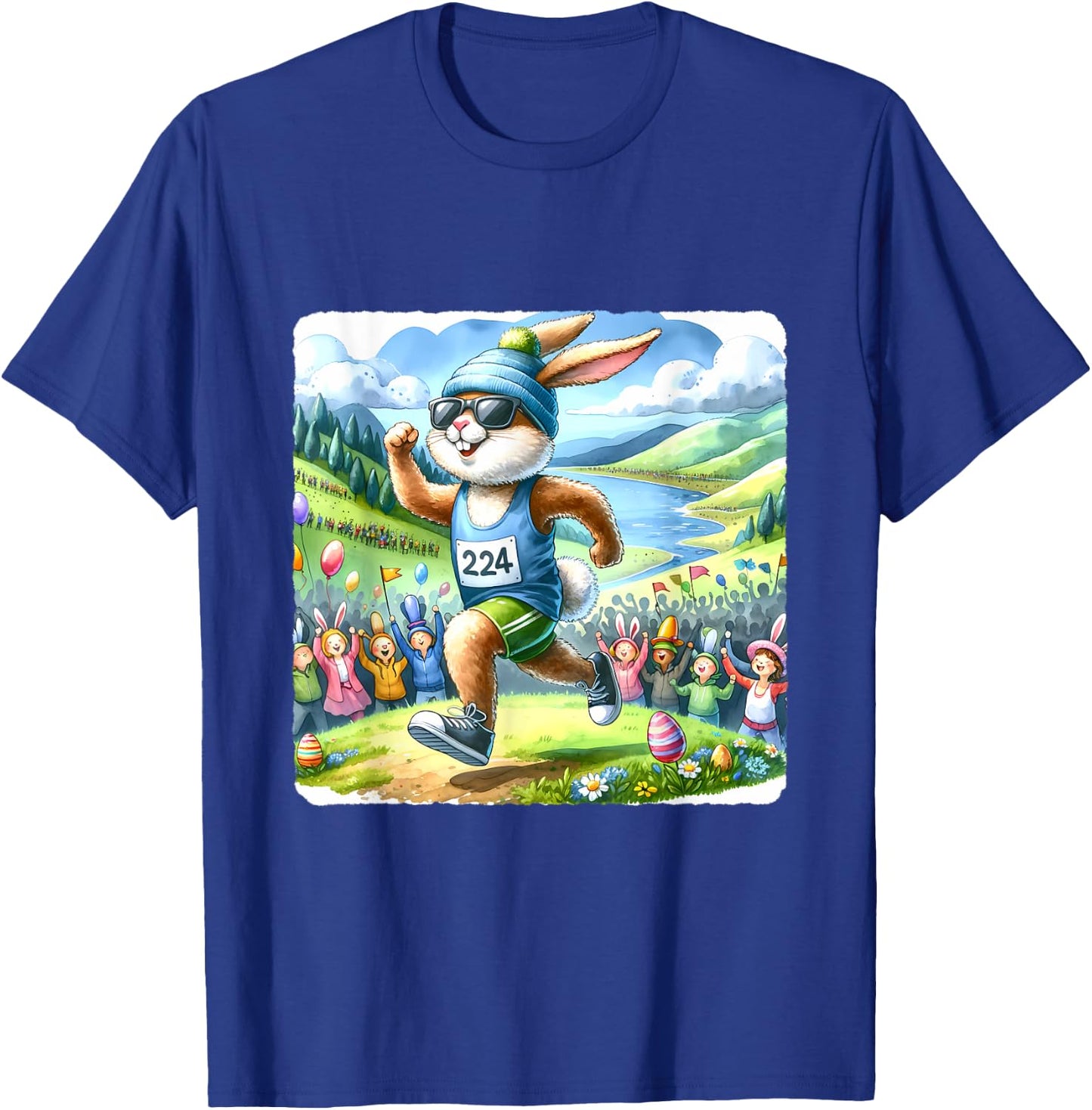 Rabbit Running Marathon With Scenic Landscape. Easter Racing T-Shirt - T-Shirt | Royal