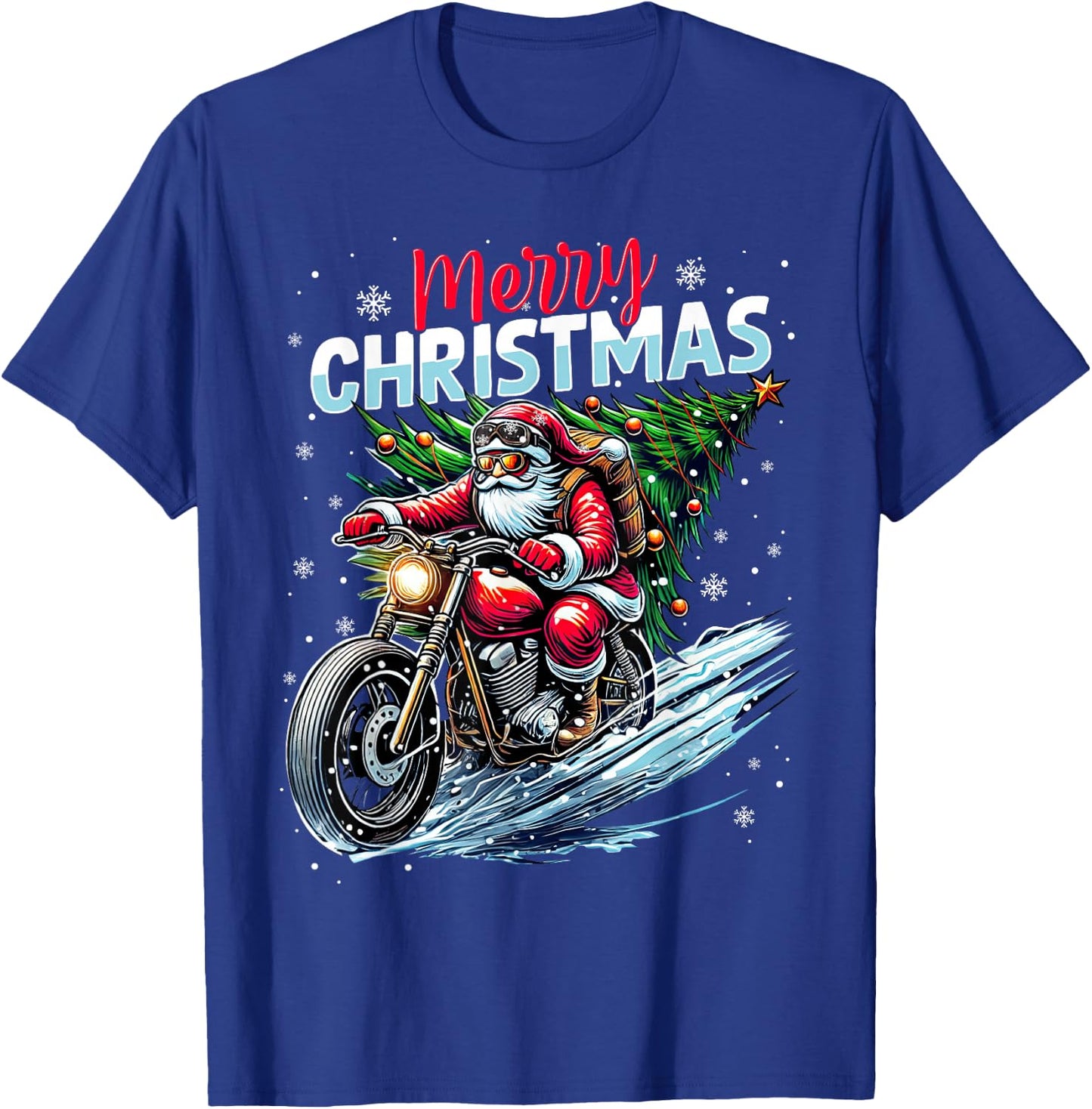 Merry Christmas Santa Riding Motorcycle Bike Biker Xmas 2025 T-Shirt - T-Shirt | Royal