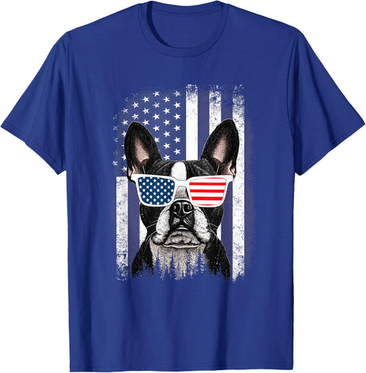 Boston Terrier Dog American Flag 4th of July Sunglasses T-Shirt - T-Shirt | Royal