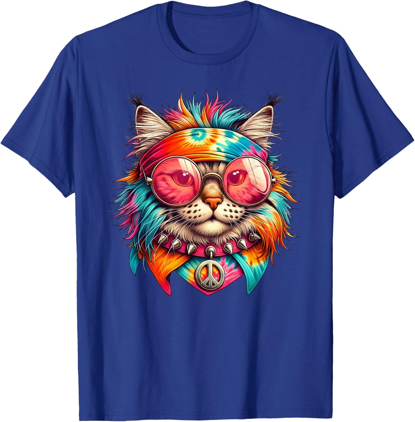 Psychedelic Peace Cat Colorful Hippie Retro Groovy Vibes T-Shirt - T-Shirt | Royal