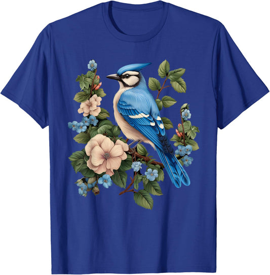 Cute Cottagecore Aesthetic Floral Blue Jay Bird T-Shirt - T-Shirt | Royal
