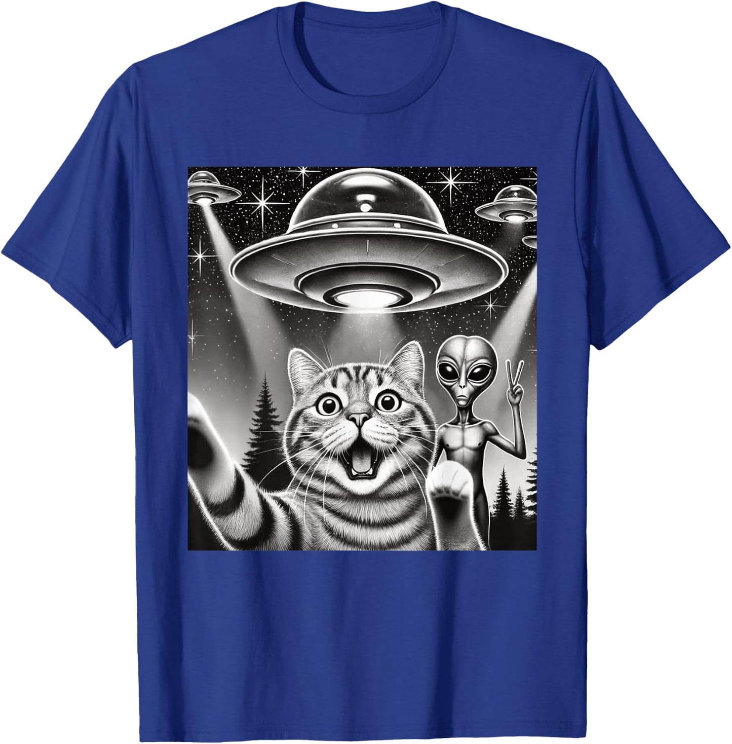 Funny Cat Selfie with UFO Alien Abduction Extraterrestrial T-Shirt - T-Shirt | Royal