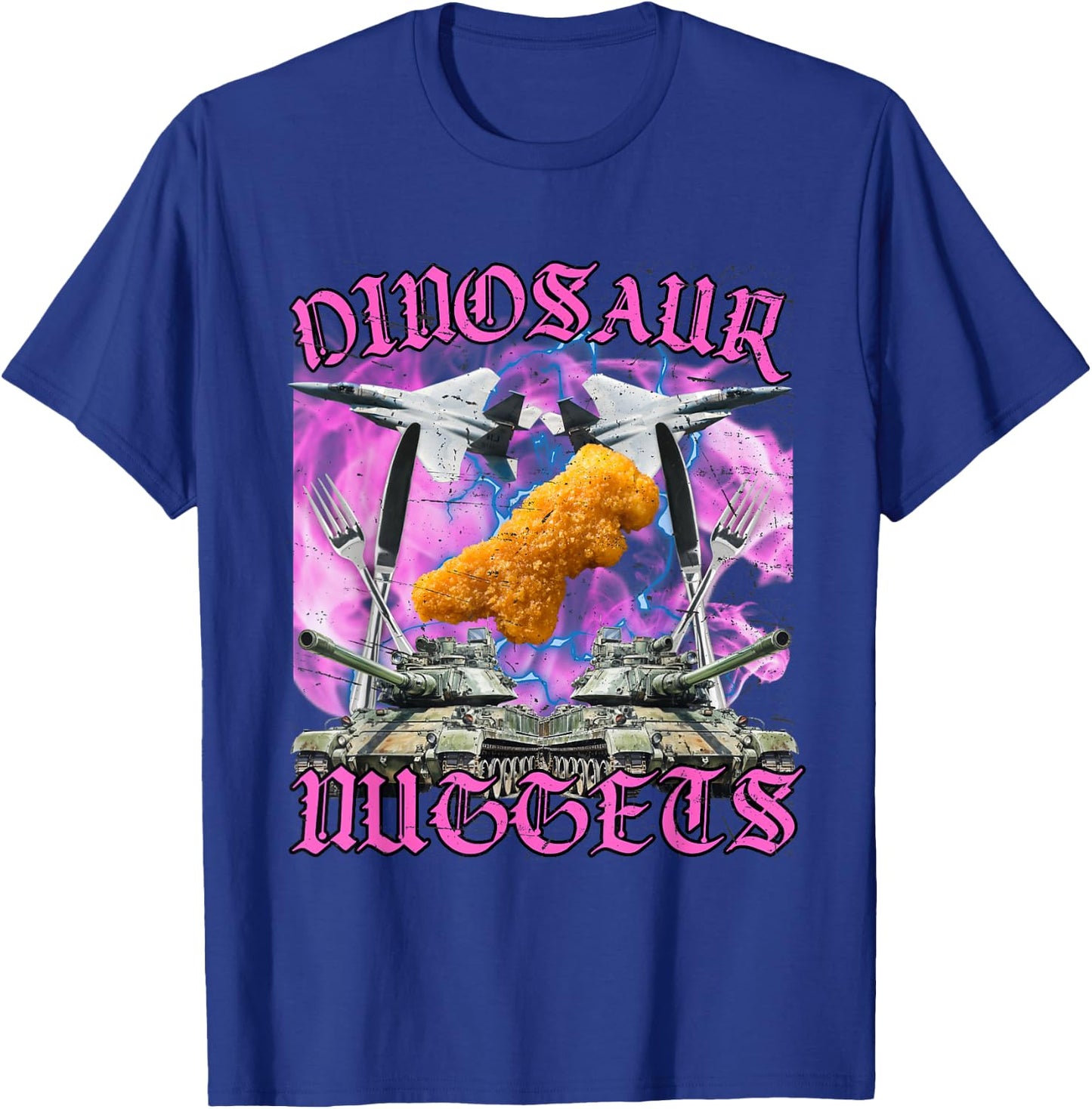 Funny Dinosaur Chicken Nugget Bootleg Hardcore Flames Meme T-Shirt - T-Shirt | Royal