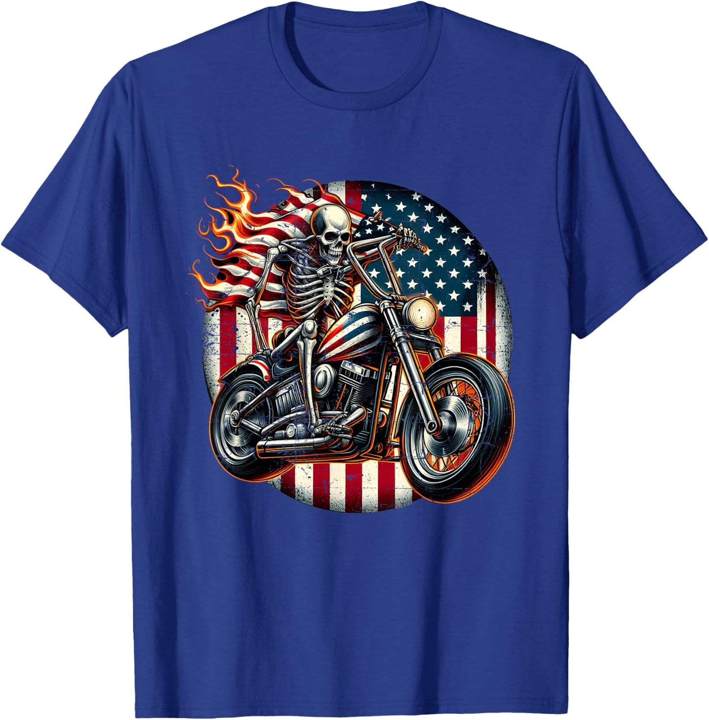 USA Flag Motorcycle Skeleton Biker 4th July American Patriot T-Shirt - T-Shirt | Royal