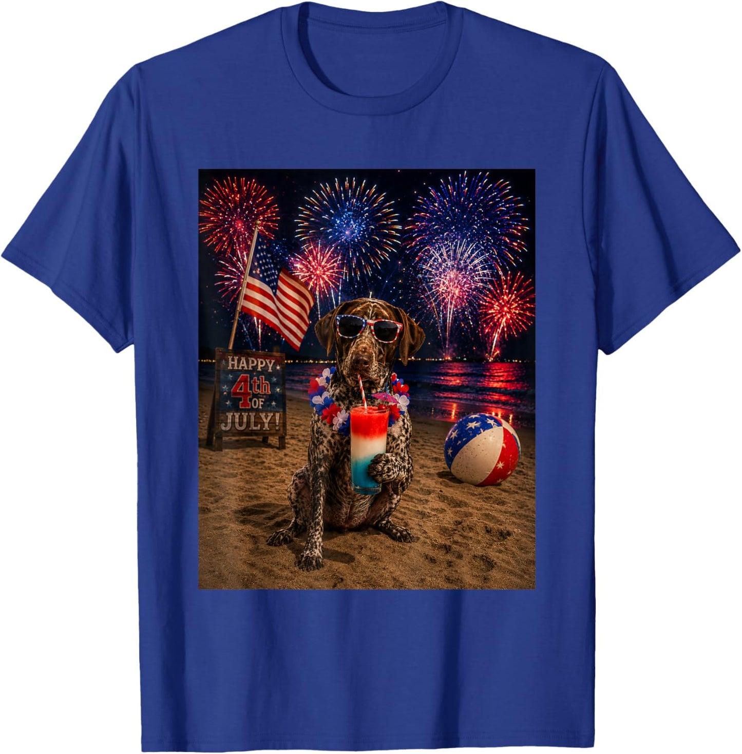 German Shorthaired Pointer Patriotic Beach Fireworks Dog T-Shirt - T-Shirt | Royal