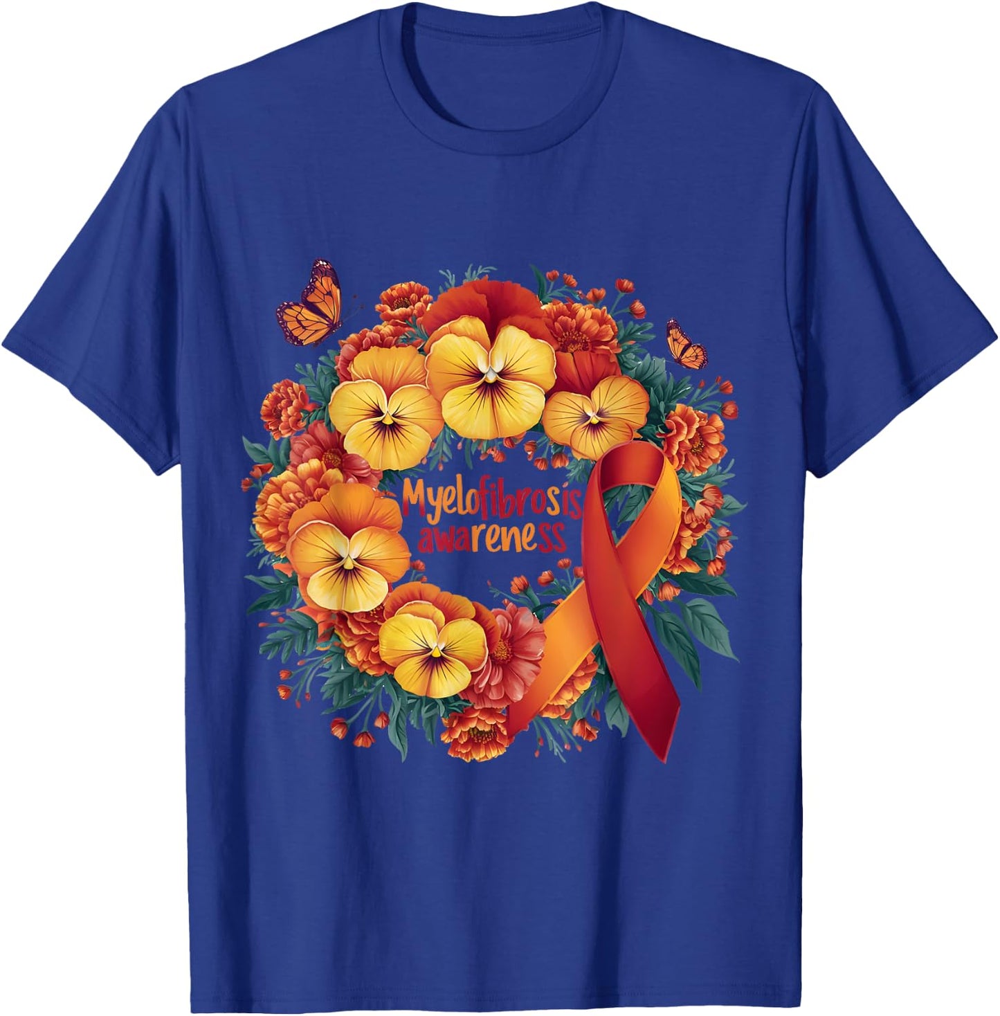 Myelofibrosis Awareness orange and red floral and ribbon T-Shirt - T-Shirt | Royal