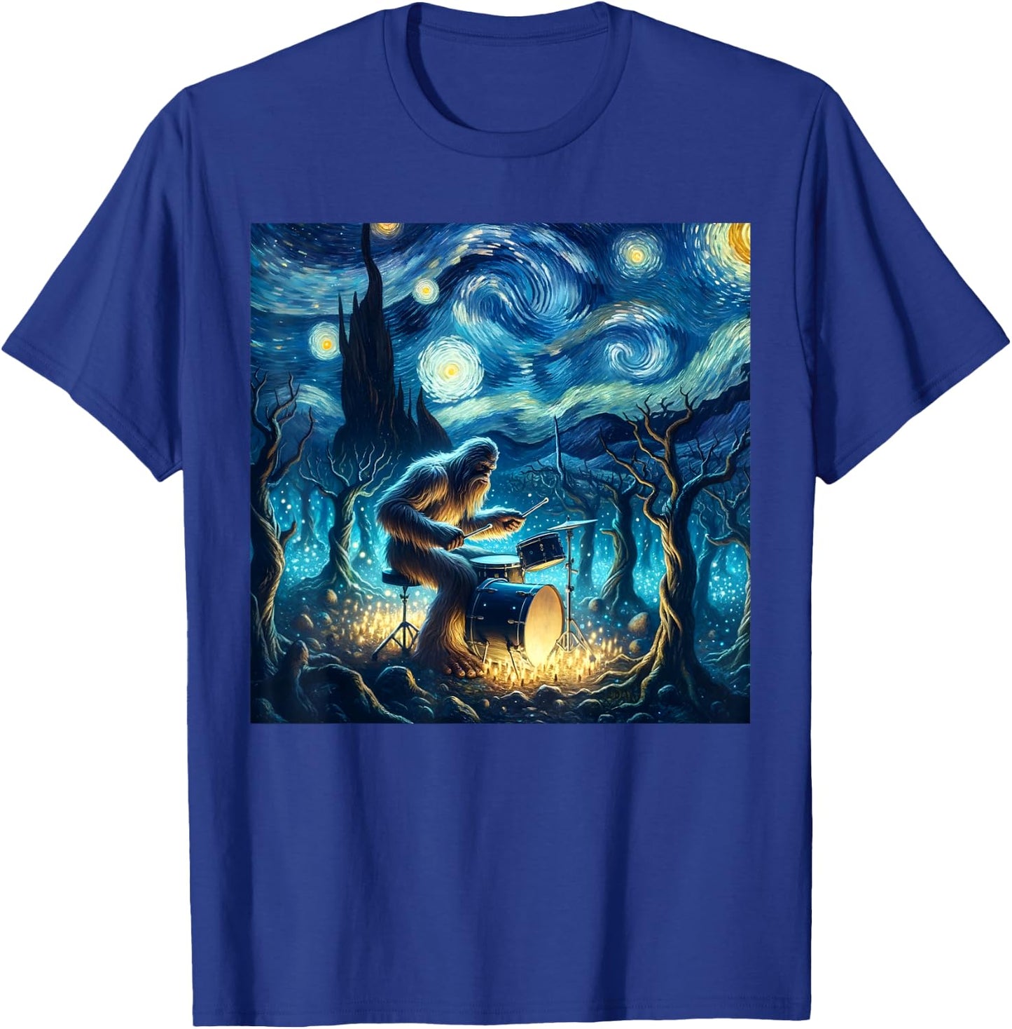 Bigfoot Playing Drums Starry Night Van Gogh Drummer Boys Men T-Shirt - T-Shirt | Royal