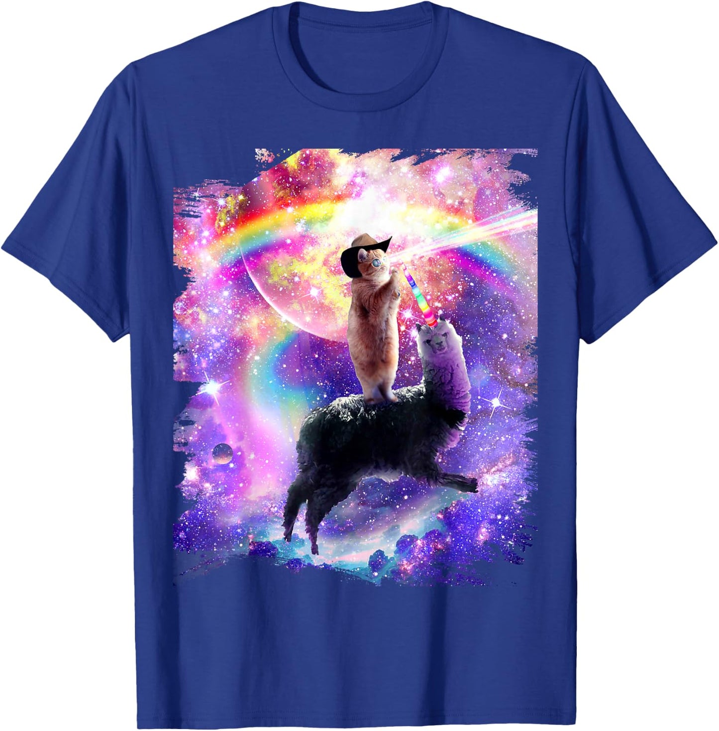 Laser Galaxy Space Cat on Rainbow Llama Unicorn T-Shirt - T-Shirt | Royal