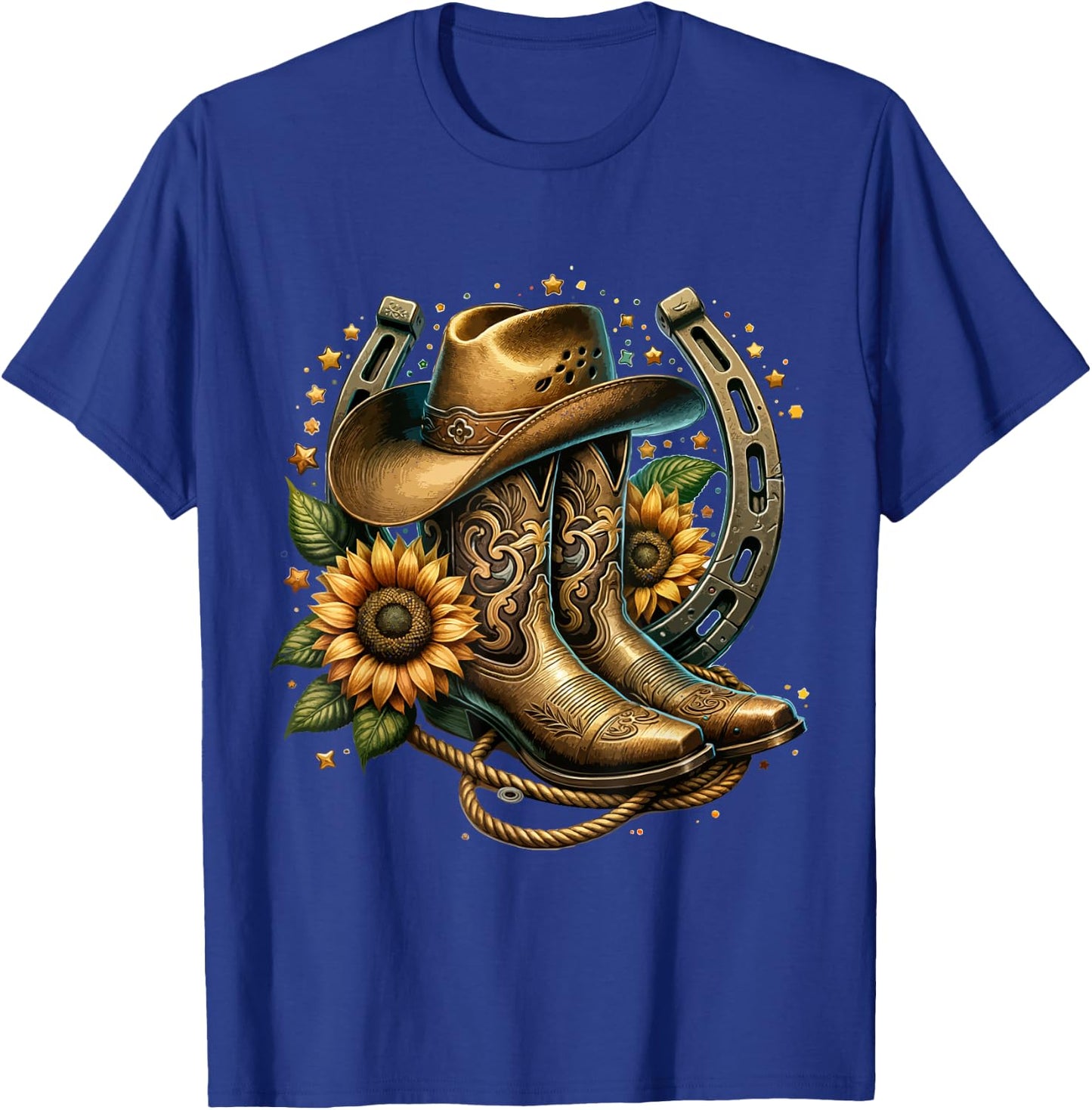 Vintage Rustic Western Country Cowboy Boot Art - Women's Western Themed Floral Boot, Rope & Hat - Black, Small T-Shirt - T-Shirt | Royal