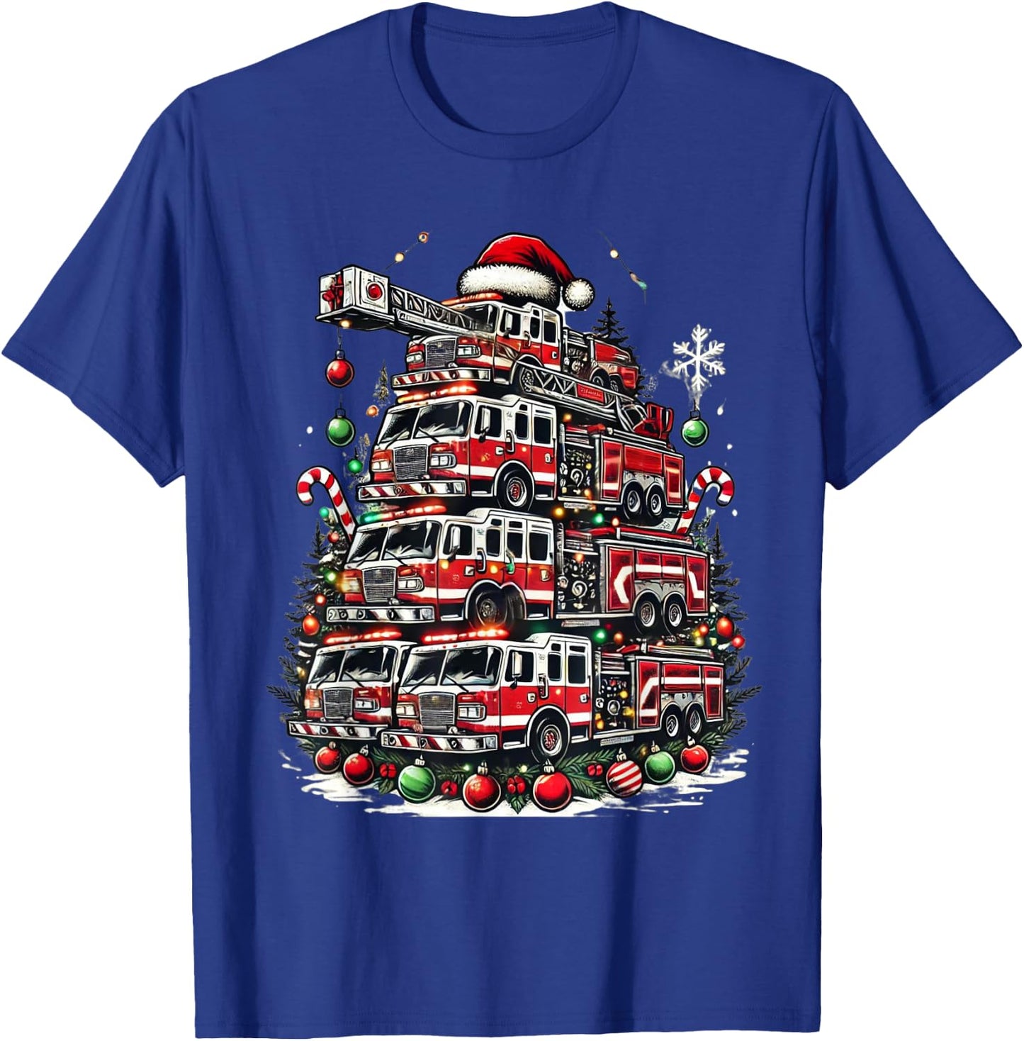 Firefighter Fire Truck Christmas Tree Lights Santa Fireman T-Shirt - T-Shirt | Royal