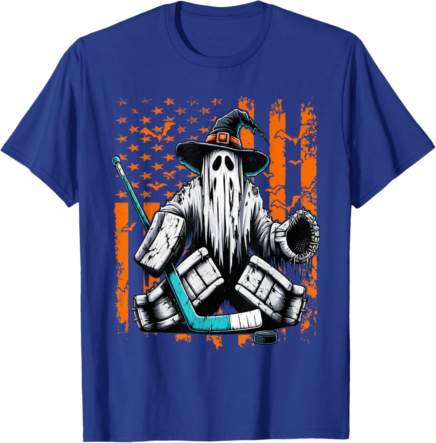 Hockey Goalie Ghost Halloween American Flag Ice Hockey T-Shirt - T-Shirt | Royal