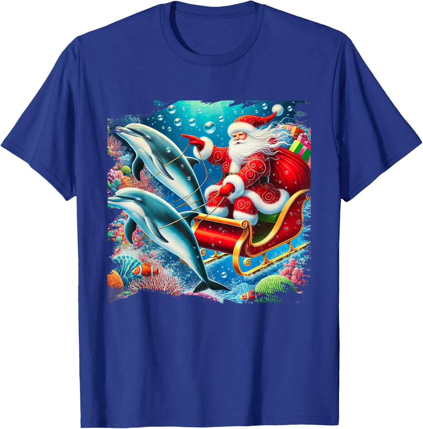 Santa Riding Dolphin Reindeer, Ocean Christmas T-Shirt - T-Shirt | Royal