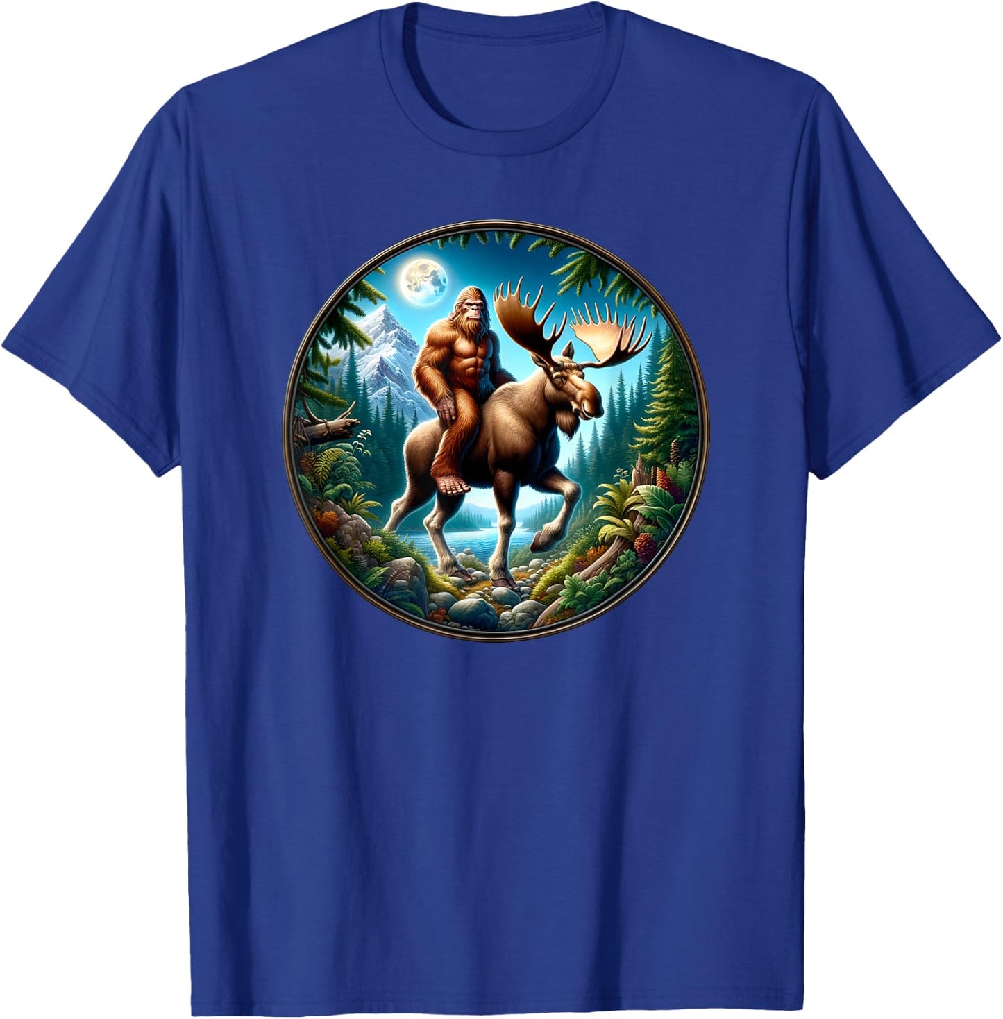 Bigfoot Riding a Moose, Sasquatch Cryptid Wilderness T-Shirt - T-Shirt | Royal