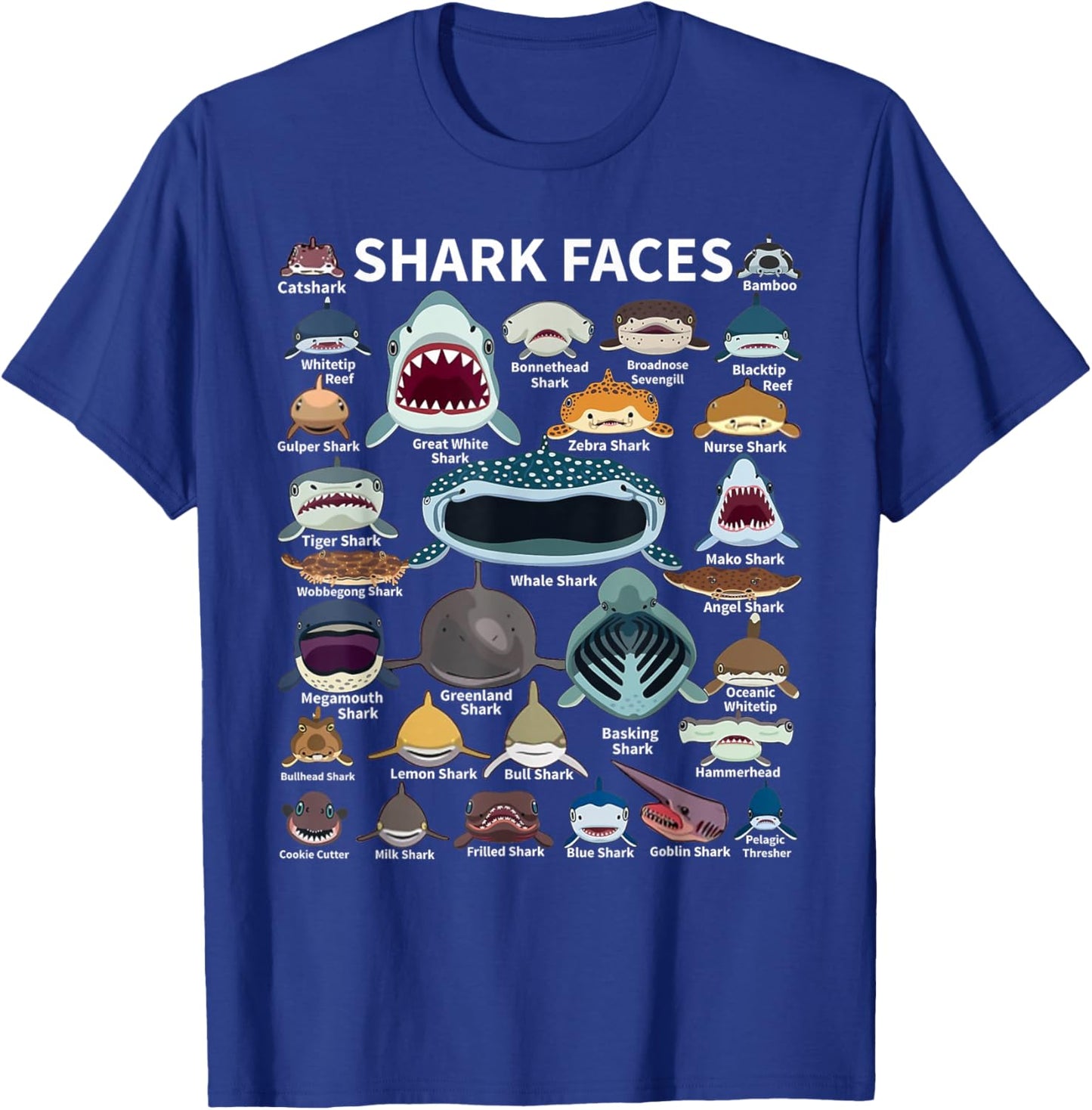 Shark Faces - Type of Shark - Shark Faces of All Kinds T-Shirt - T-Shirt | Royal
