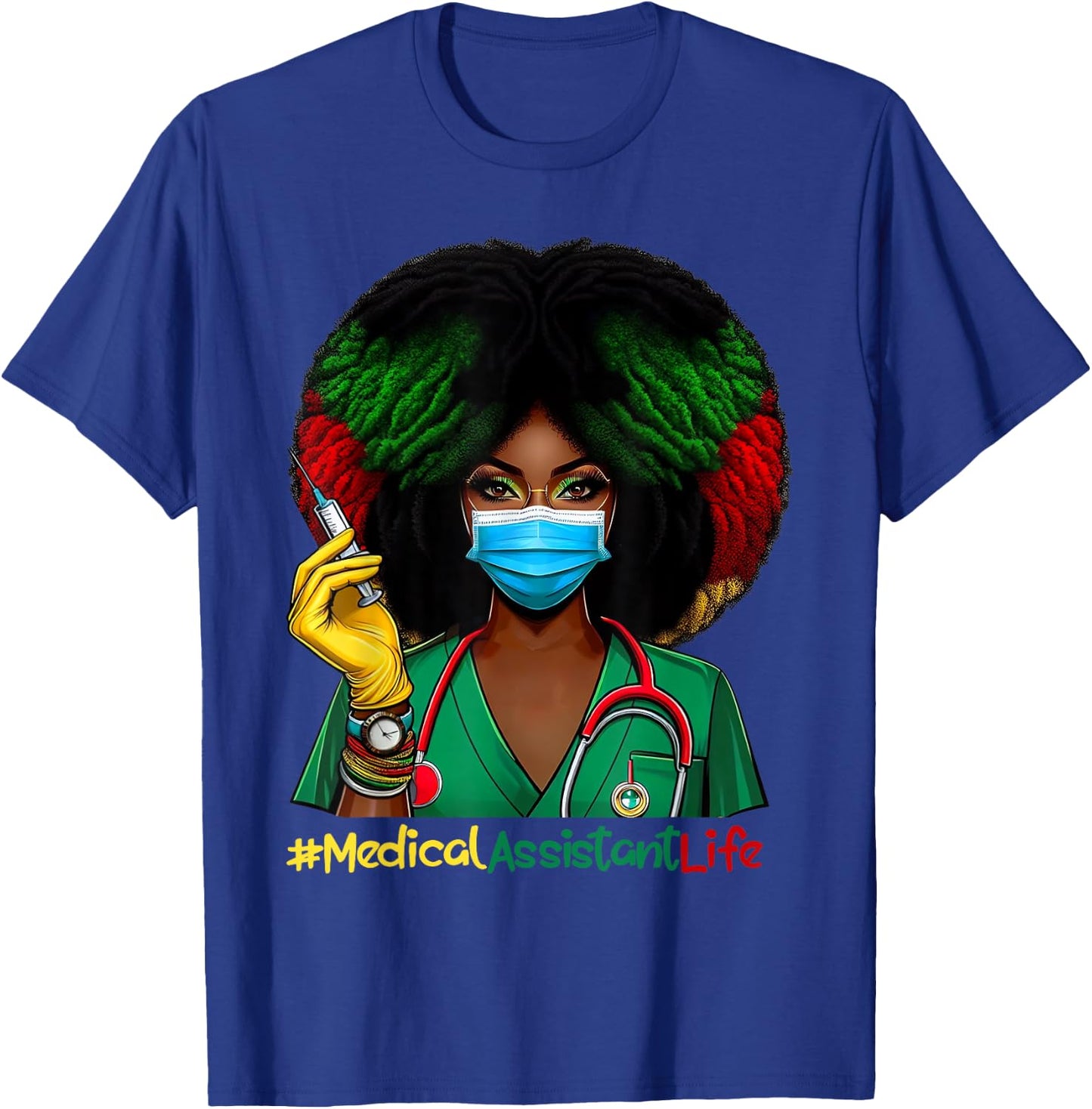 Medical Assistant Nurse Afro Woman Nursing Juneteenth T-Shirt - T-Shirt | Royal