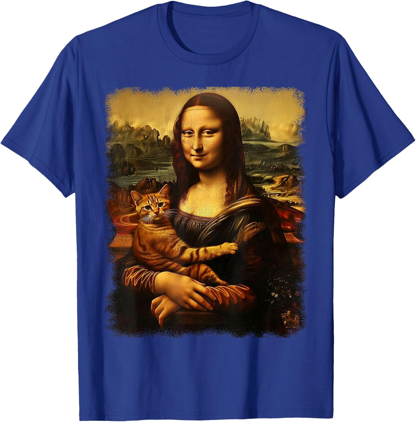 Mona Lisa With Cat Cat Print Black Small -Kids -Adults Short Sleeve T-Shirt - T-Shirt | Royal