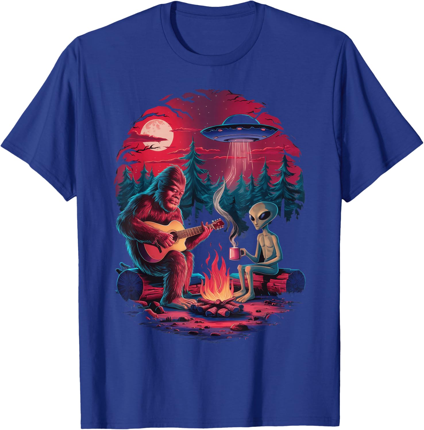 Funny Alien and Bigfoot Campfire Moon UFO Adventure Hiking T-Shirt - T-Shirt | Royal