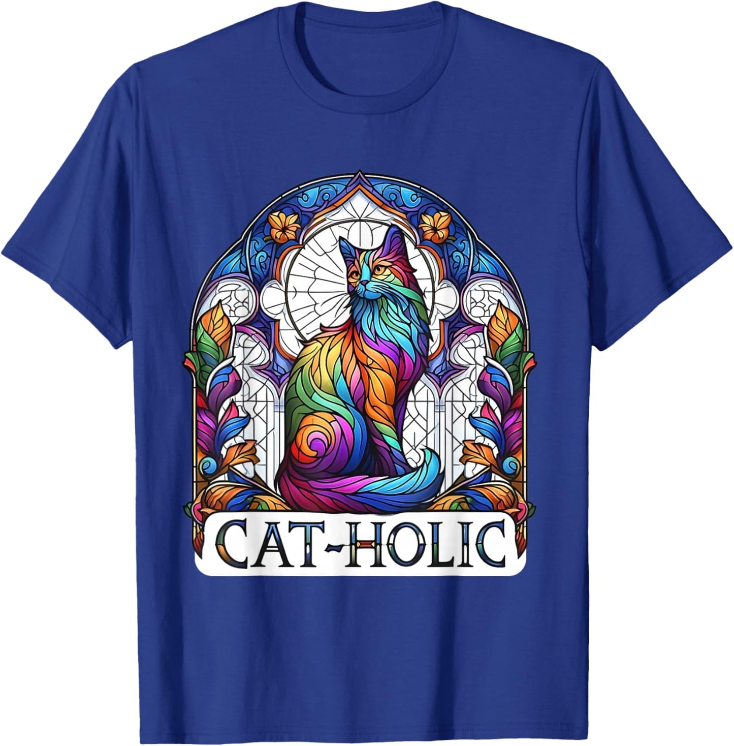 Cat-holic. Funny Catholic. Stained Glass Cat. T-Shirt - T-Shirt | Royal