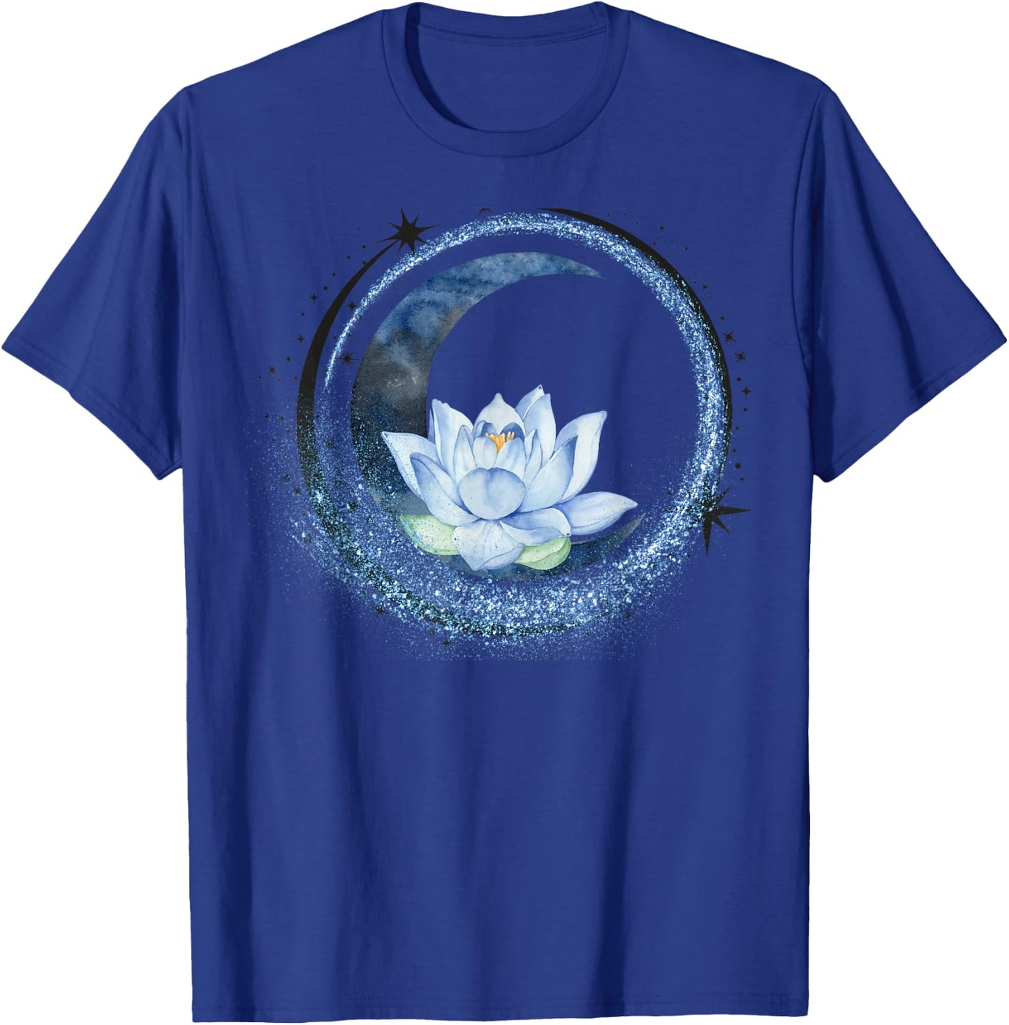 Crescent Moon and Circle of Stars with Lotus Flower Graphic T-Shirt - T-Shirt | Royal