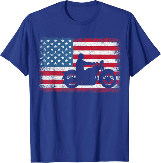 American Flag Biker Motorcycle USA Flag 4th of July Boys Men T-Shirt - T-Shirt | Royal