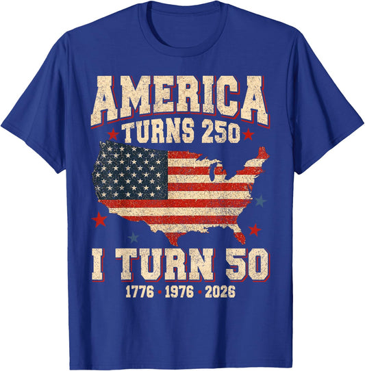 Funny America Turns 250 I Turn 50 1976 USA 50th Birthday T-Shirt - T-Shirt | Royal