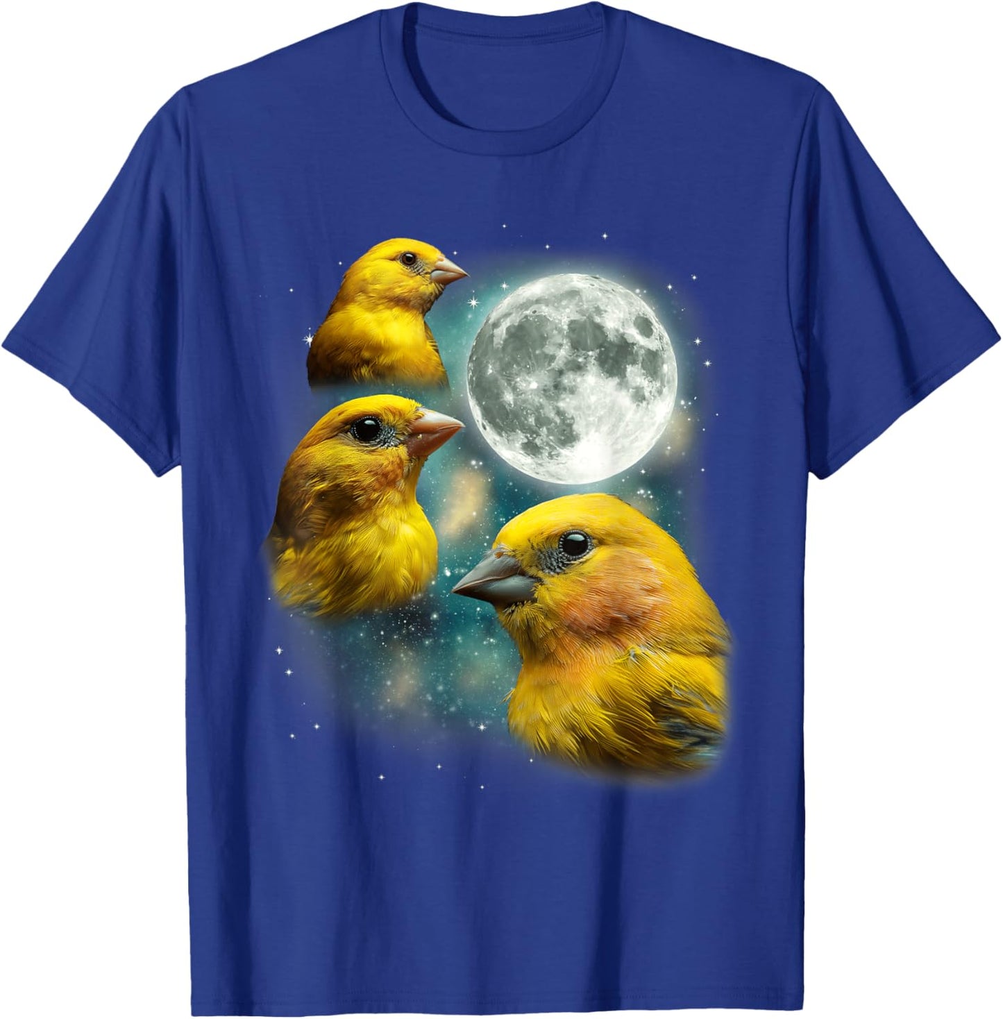 Three Canary Moon | 3 Canaries On A Magical Night Cute Bird T-Shirt - T-Shirt | Royal