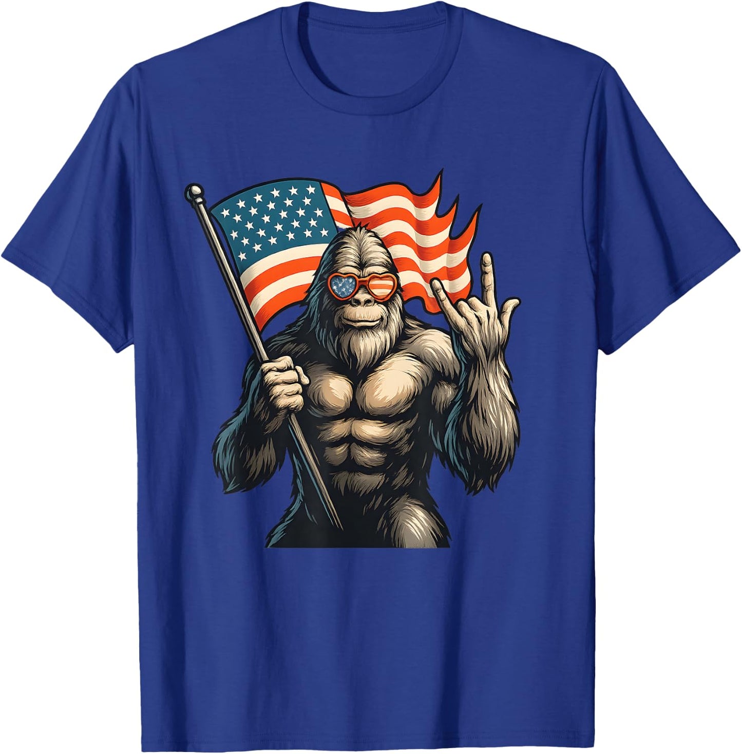 Patriotic Bigfoot Holding USA Flag Rock Hand Sunglasses T-Shirt - T-Shirt | Royal