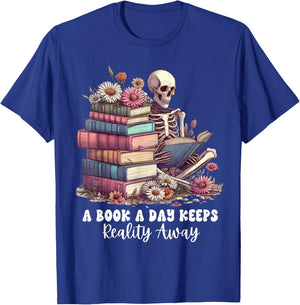 Reading A Book Per Day Keeps Reality Away Skeleton Books T-Shirt - T-Shirt | Royal
