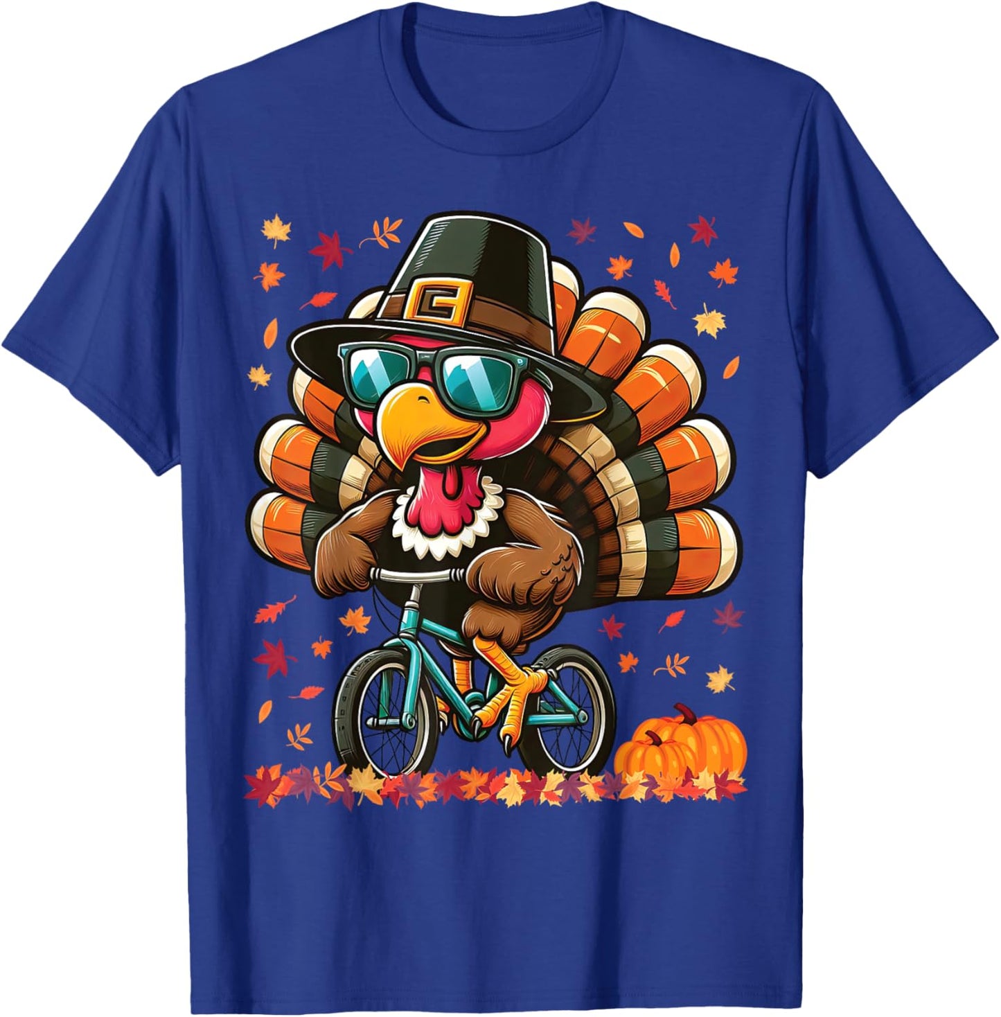 Funny Thanksgiving Turkey with Pilgrim Hat Riding Bicycle T-Shirt - T-Shirt | Royal